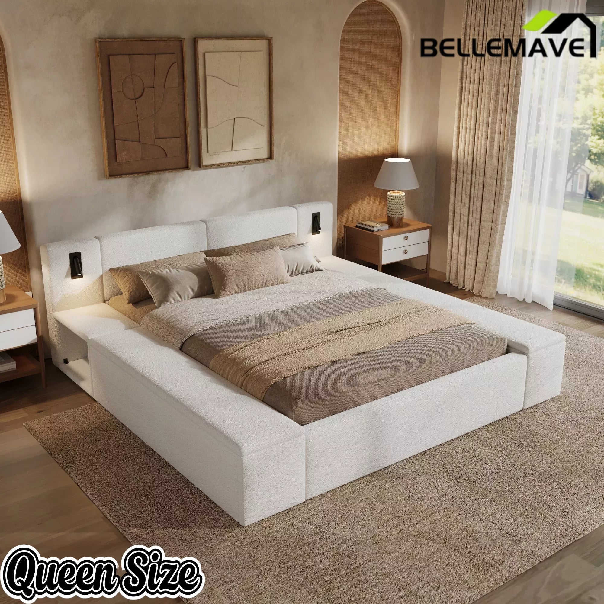 Bellemave® Upholstered Platform Bed Frame with Massive Hidden Storage, Modern Bouclé Fabric Bed with Built-in Nightstands & LED Reading Lights, Wood Slats - Bellemave