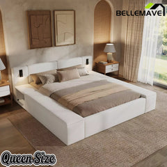 Bellemave® Upholstered Platform Bed Frame with Massive Hidden Storage, Modern Bouclé Fabric Bed with Built-in Nightstands & LED Reading Lights, Wood Slats - Bellemave