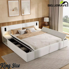 Bellemave® Upholstered Platform Bed Frame with Massive Hidden Storage, Modern Bouclé Fabric Bed with Built-in Nightstands & LED Reading Lights, Wood Slats - Bellemave