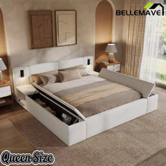 Bellemave® Upholstered Platform Bed Frame with Massive Hidden Storage, Modern Bouclé Fabric Bed with Built-in Nightstands & LED Reading Lights, Wood Slats - Bellemave