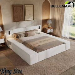 Bellemave® Upholstered Platform Bed Frame with Massive Hidden Storage, Modern Bouclé Fabric Bed with Built-in Nightstands & LED Reading Lights, Wood Slats - Bellemave