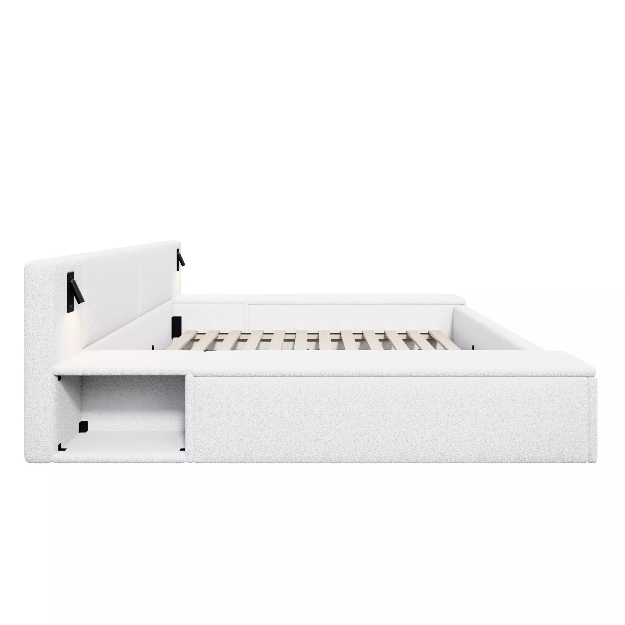 Bellemave® Upholstered Platform Bed Frame with Massive Hidden Storage, Modern Bouclé Fabric Bed with Built-in Nightstands & LED Reading Lights, Wood Slats - Bellemave
