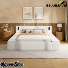 Bellemave® Upholstered Platform Bed Frame with Massive Hidden Storage, Modern Bouclé Fabric Bed with Built-in Nightstands & LED Reading Lights, Wood Slats - Bellemave