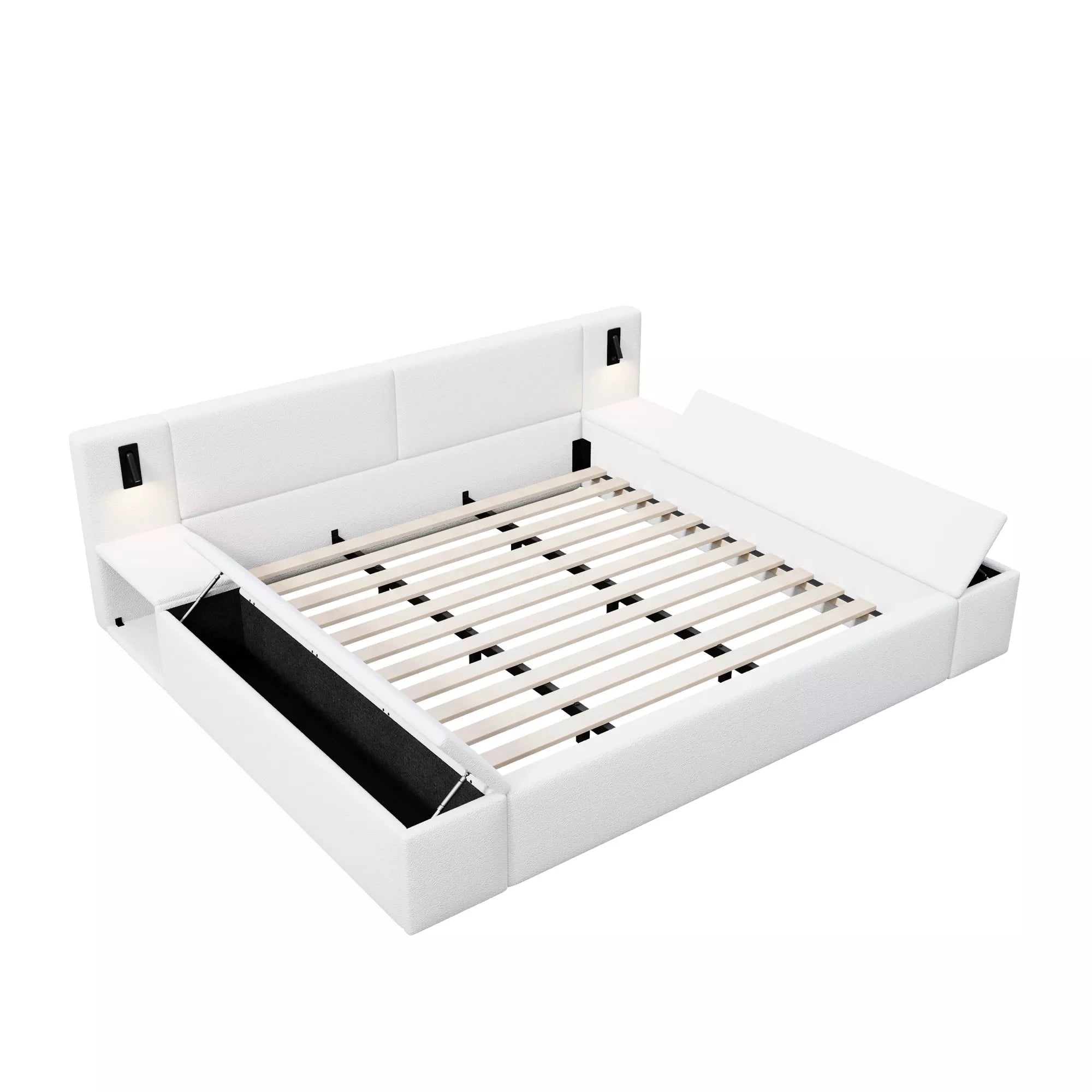 Bellemave® Upholstered Platform Bed Frame with Massive Hidden Storage, Modern Bouclé Fabric Bed with Built-in Nightstands & LED Reading Lights, Wood Slats - Bellemave