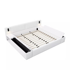 Bellemave® Upholstered Platform Bed Frame with Massive Hidden Storage, Modern Bouclé Fabric Bed with Built-in Nightstands & LED Reading Lights, Wood Slats - Bellemave