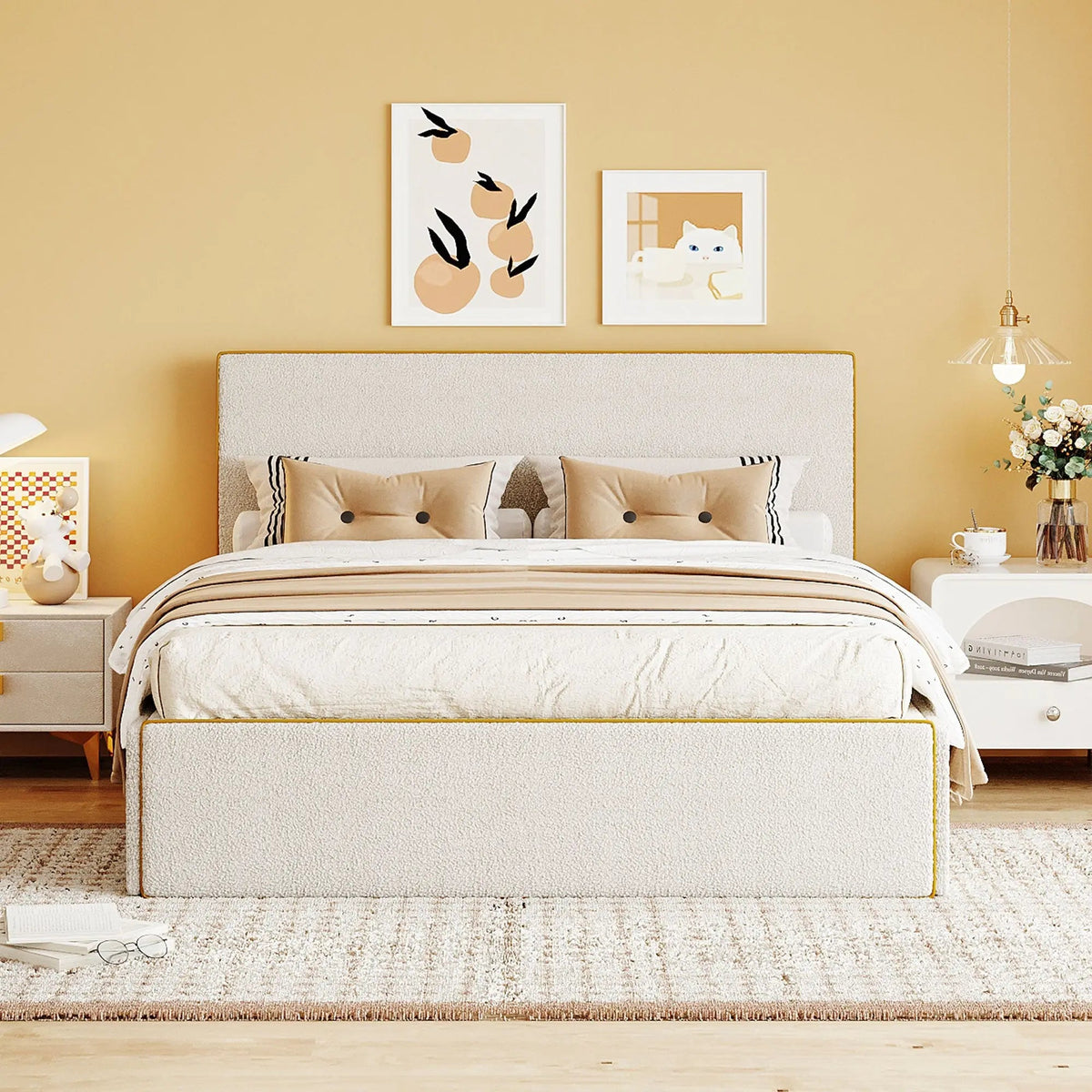Bellemave® Upholstered Platform Bed with 4 Drawers and Golden Edge on the Headboard & Footboard - Bellemave