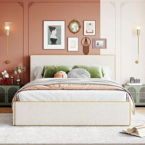 Bellemave® Upholstered Platform Bed with 4 Drawers and Golden Edge on the Headboard & Footboard - Bellemave