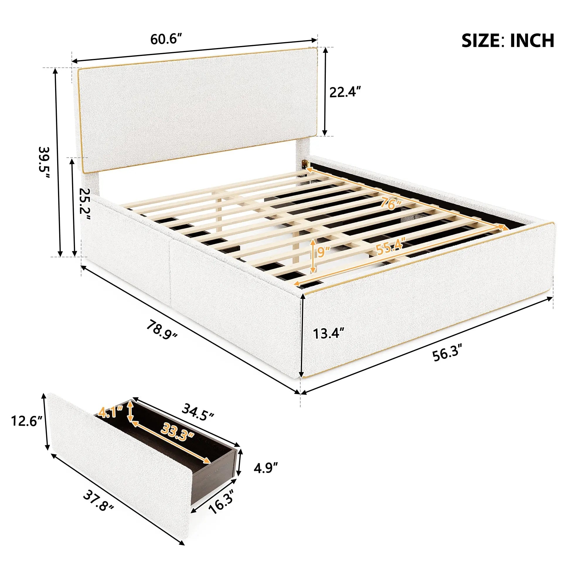 Bellemave® Upholstered Platform Bed with 4 Drawers and Golden Edge on the Headboard & Footboard - Bellemave