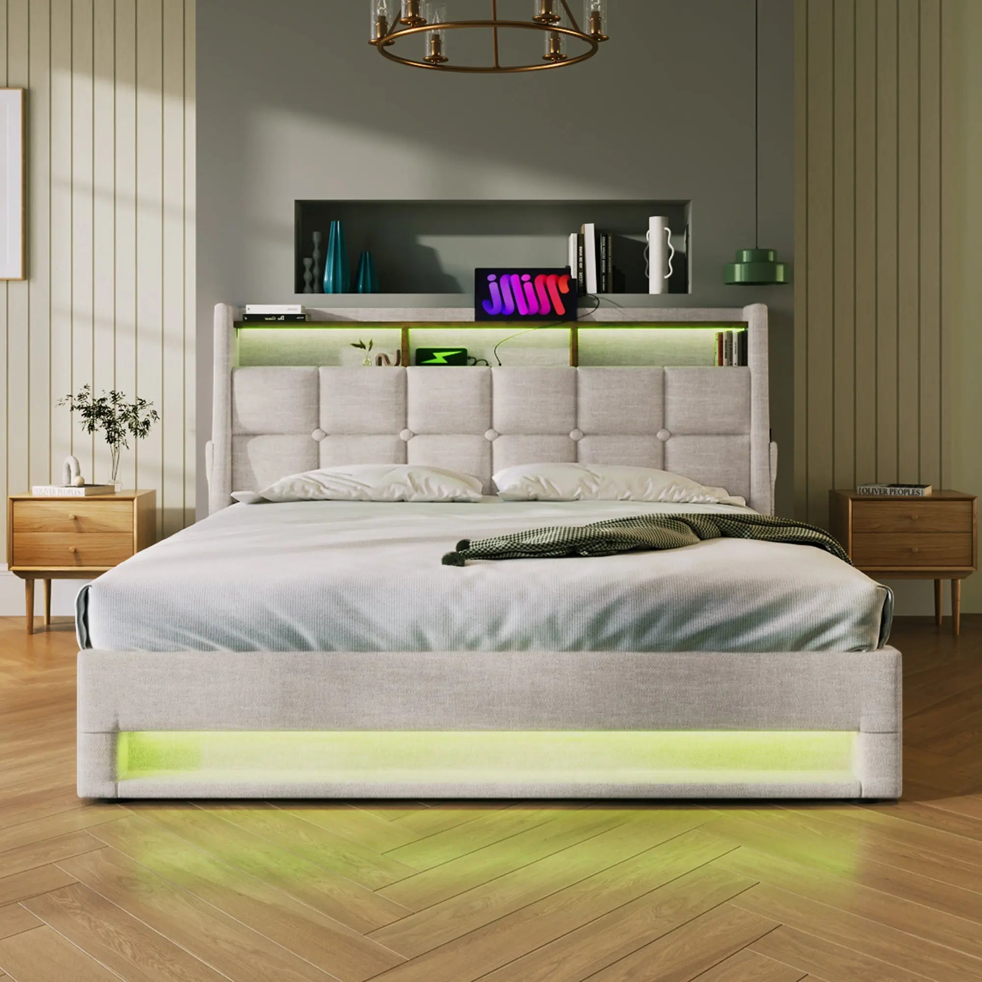 Bellemave® Upholstered Platform Bed with a Hydraulic Storage System, LED and USB Charging - Bellemave