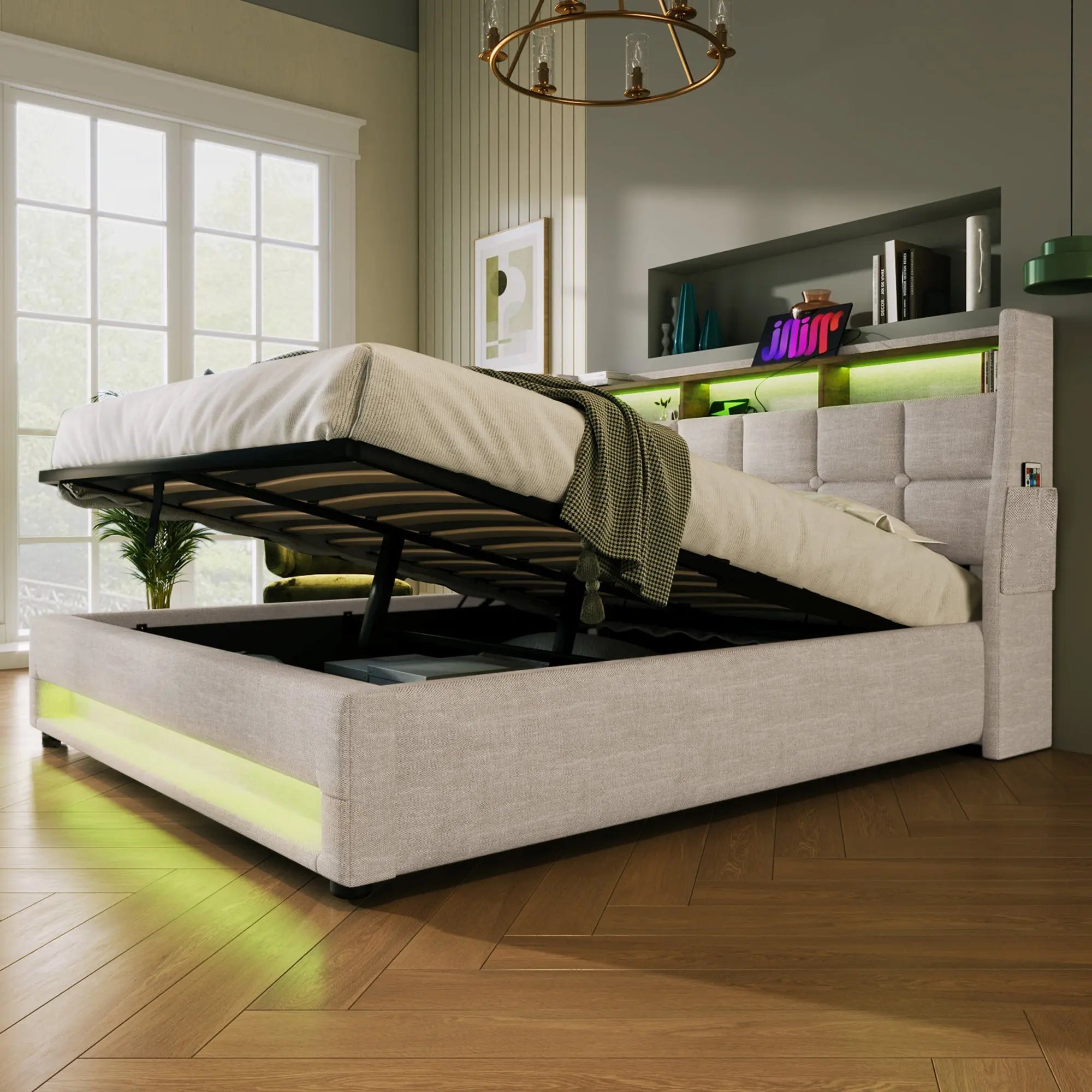 Bellemave® Upholstered Platform Bed with a Hydraulic Storage System, LED and USB Charging - Bellemave