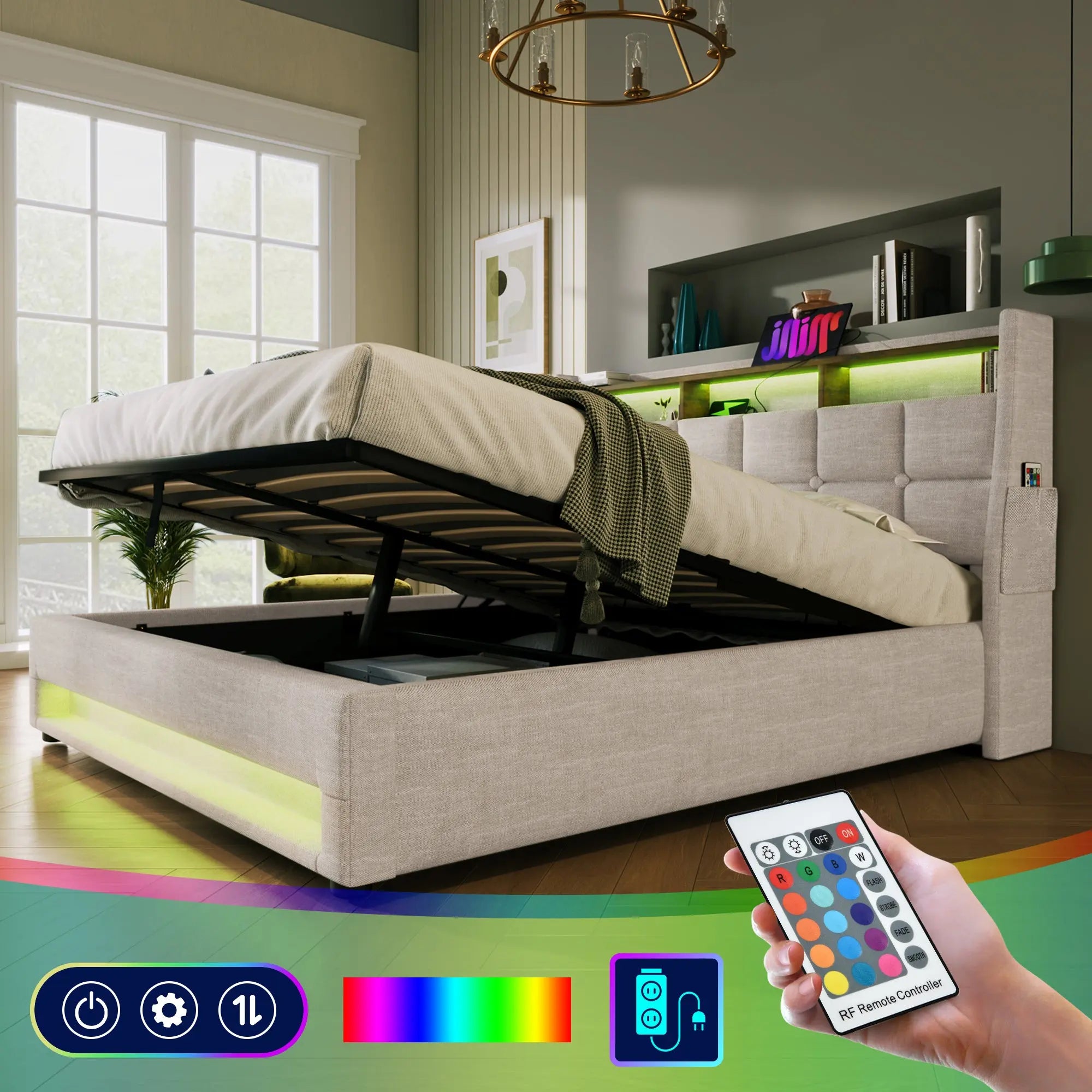 Bellemave® Upholstered Platform Bed with a Hydraulic Storage System, LED and USB Charging - Bellemave