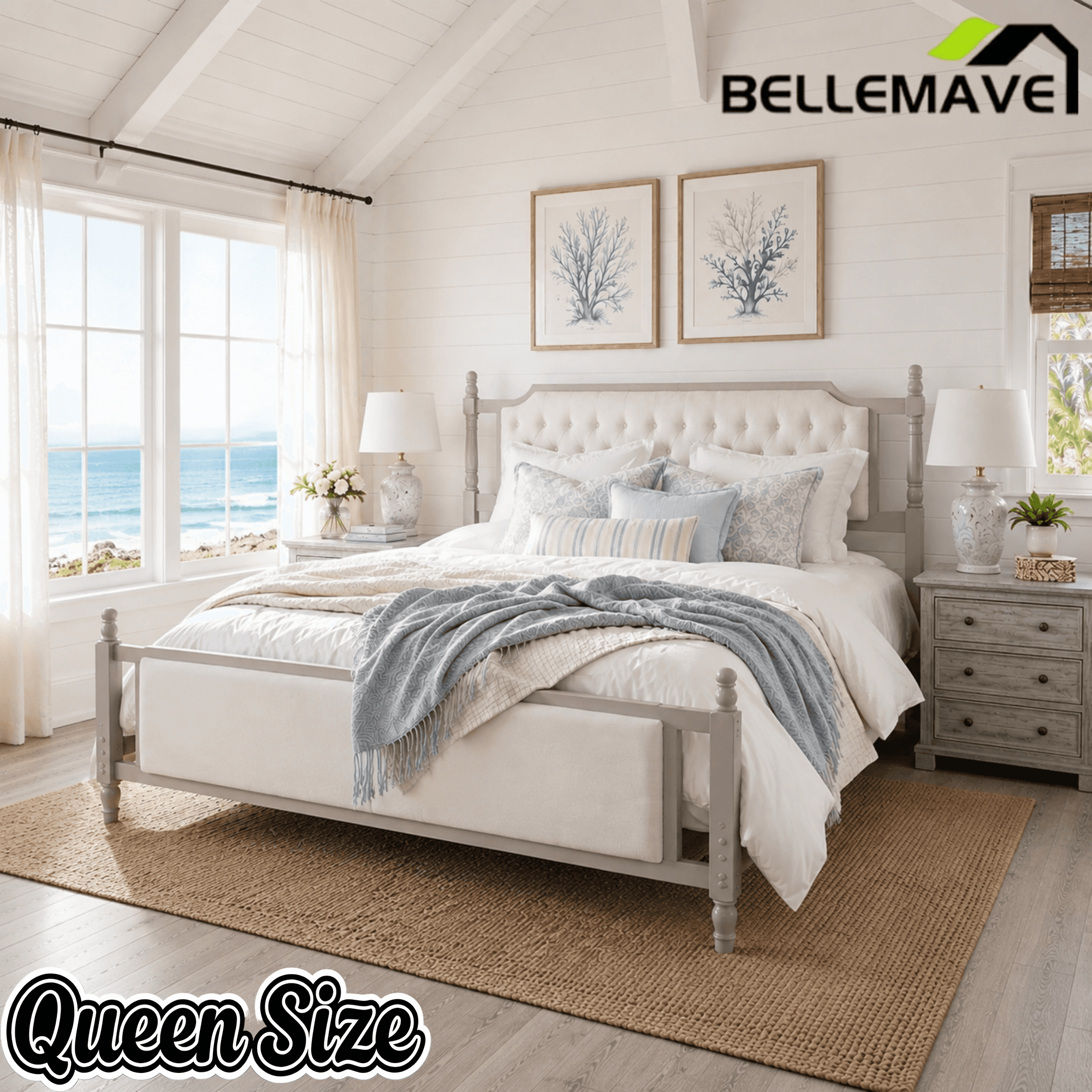 Bellemave® Upholstered Platform Bed with Button Tufted Headboard,Solid Wood Farmhouse Bed with Velvet Headboard and Footboard - Bellemave