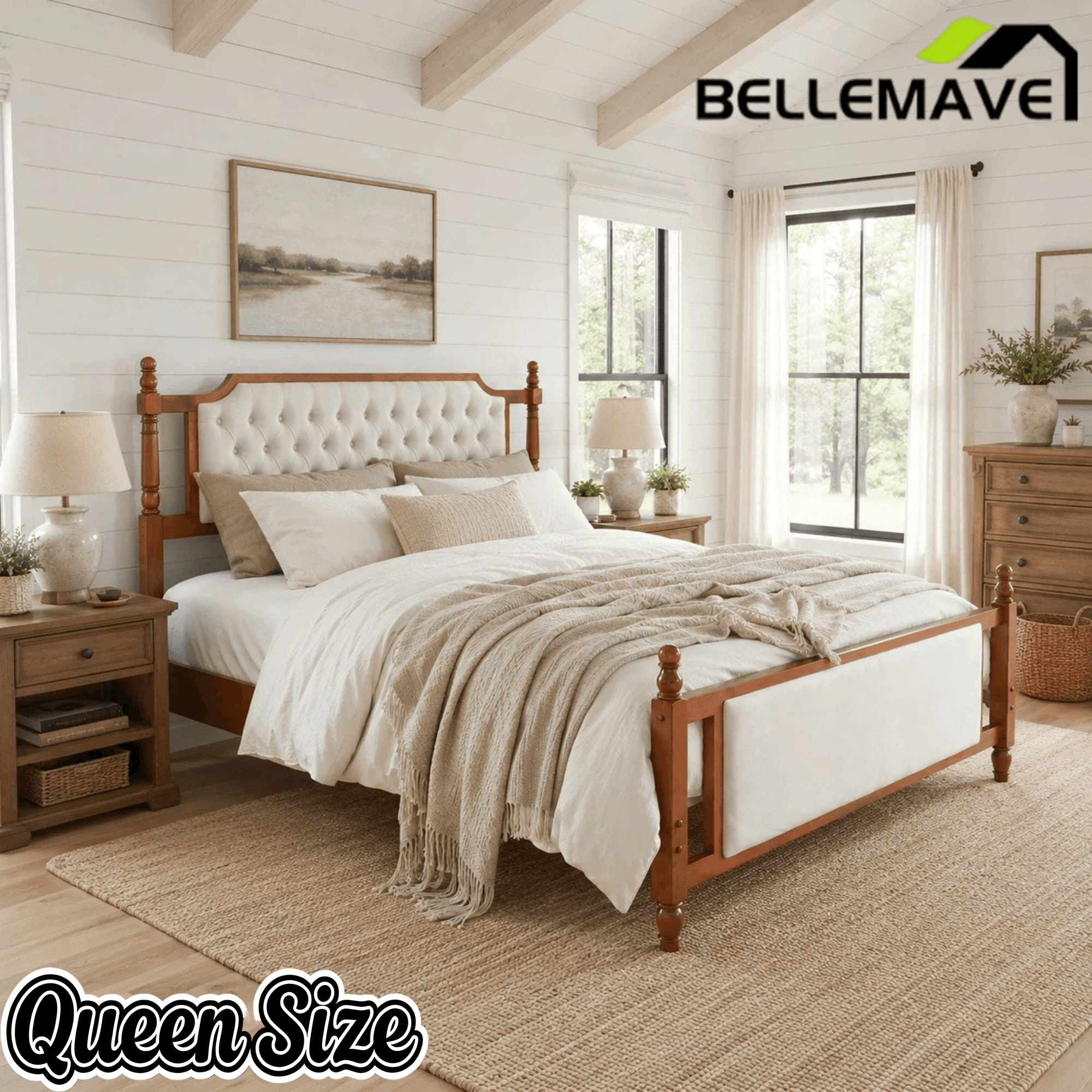 Bellemave® Upholstered Platform Bed with Button Tufted Headboard,Solid Wood Farmhouse Bed with Velvet Headboard and Footboard - Bellemave