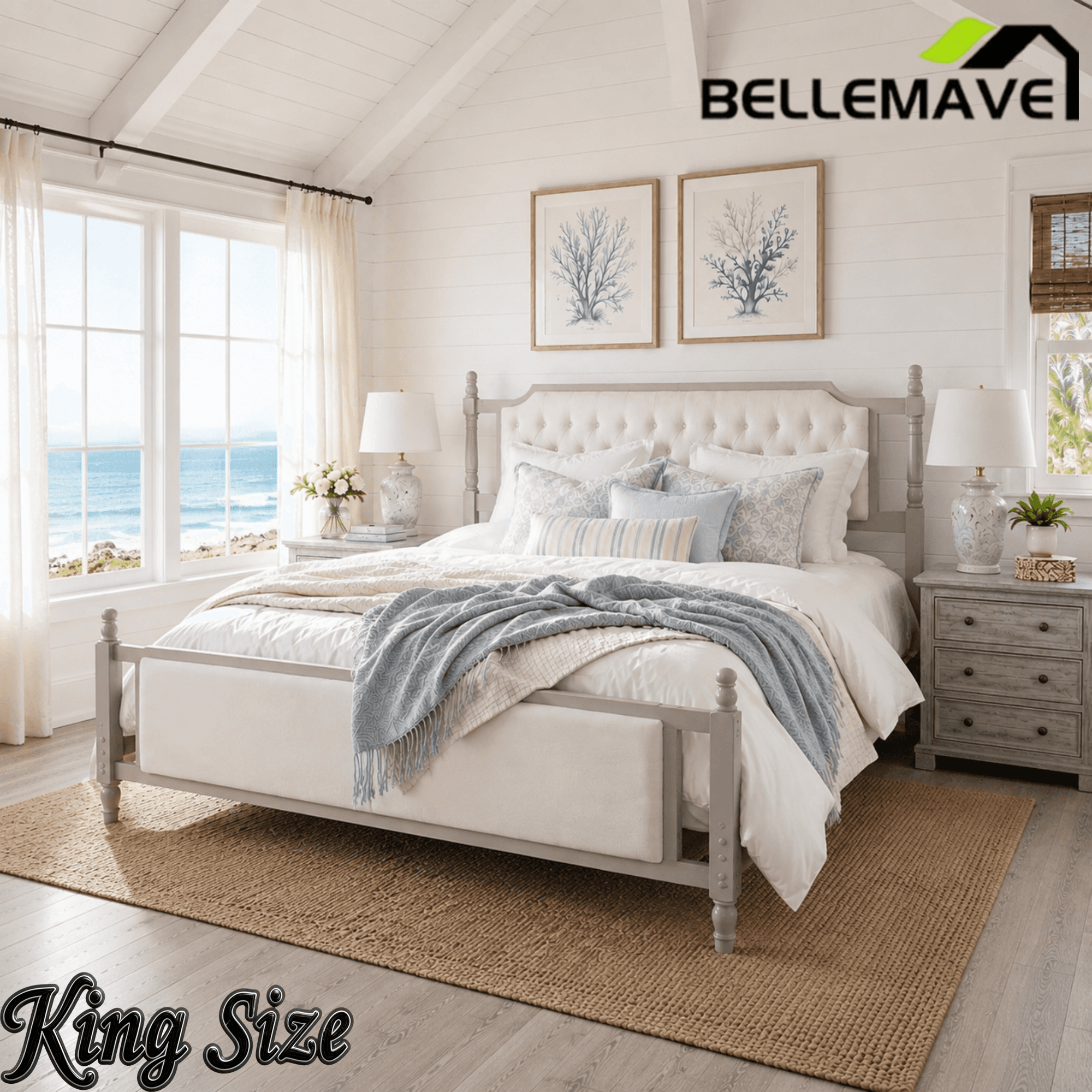 Bellemave® Upholstered Platform Bed with Button Tufted Headboard,Solid Wood Farmhouse Bed with Velvet Headboard and Footboard - Bellemave