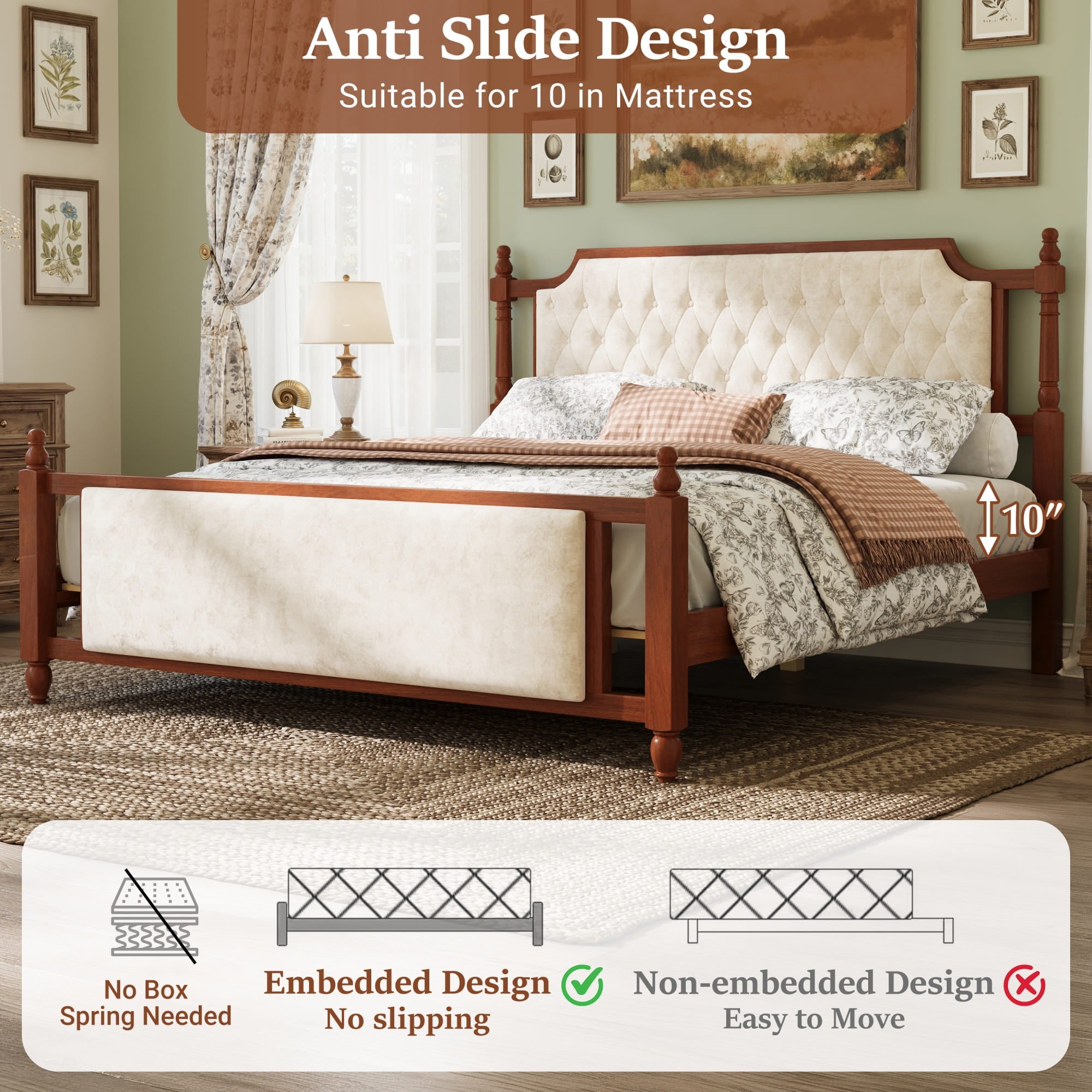 Bellemave® Upholstered Platform Bed with Button Tufted Headboard,Solid Wood Farmhouse Bed with Velvet Headboard and Footboard - Bellemave