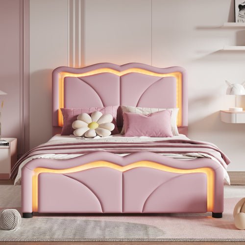 Bellemave® Upholstered Platform Bed with Curve Shape and Height - adjustable Headboard,LED Light Strips - Bellemave