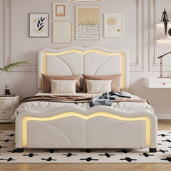 Bellemave® Upholstered Platform Bed with Curve Shape and Height - adjustable Headboard,LED Light Strips - Bellemave