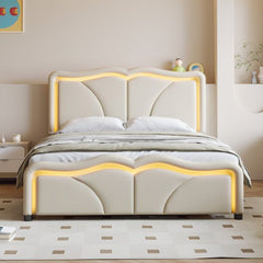 Bellemave® Upholstered Platform Bed with Curve Shape and Height - adjustable Headboard,LED Light Strips - Bellemave