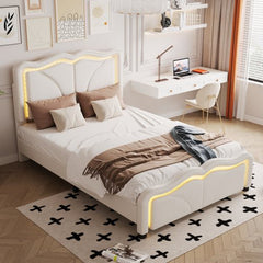 Bellemave® Upholstered Platform Bed with Curve Shape and Height - adjustable Headboard,LED Light Strips - Bellemave