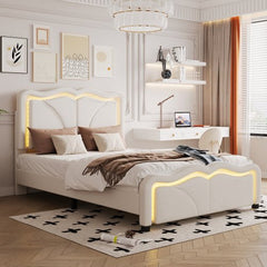 Bellemave® Upholstered Platform Bed with Curve Shape and Height - adjustable Headboard,LED Light Strips - Bellemave