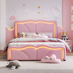 Bellemave® Upholstered Platform Bed with Curve Shape and Height - adjustable Headboard,LED Light Strips - Bellemave