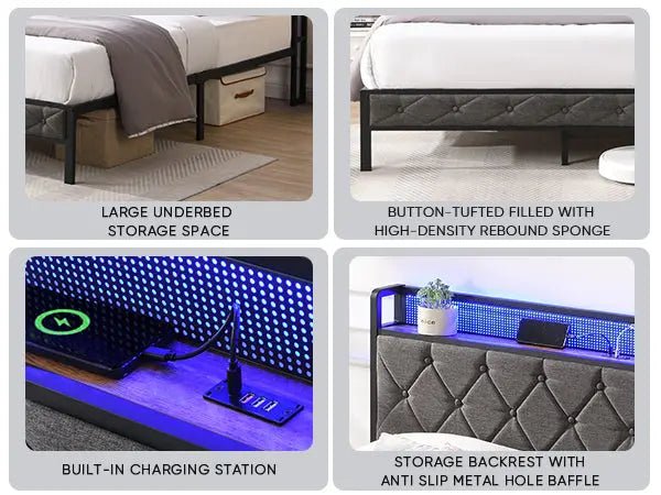 Bellemave® Upholstered Platform Bed with Heavy Metal Slats with Storage Headboard, Charging Station and LED Lights - Bellemave