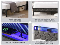 Bellemave® Upholstered Platform Bed with Heavy Metal Slats with Storage Headboard, Charging Station and LED Lights - Bellemave