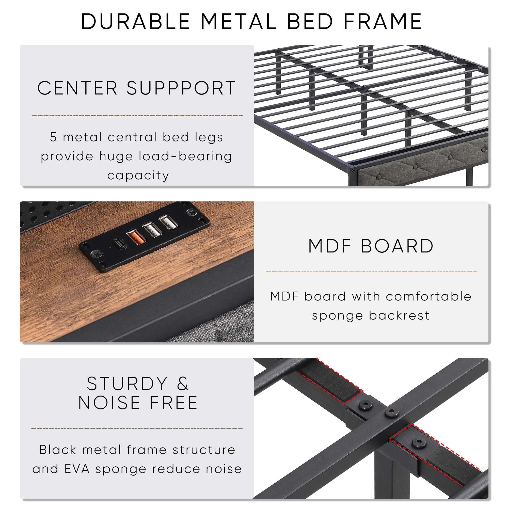 Bellemave® Upholstered Platform Bed with Heavy Metal Slats with Storage Headboard, Charging Station and LED Lights - Bellemave