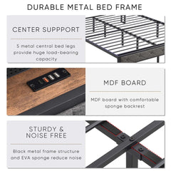 Bellemave® Upholstered Platform Bed with Heavy Metal Slats with Storage Headboard, Charging Station and LED Lights - Bellemave
