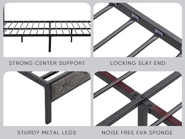 Bellemave® Upholstered Platform Bed with Heavy Metal Slats with Storage Headboard, Charging Station and LED Lights - Bellemave