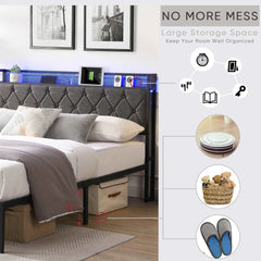 Bellemave® Upholstered Platform Bed with Heavy Metal Slats with Storage Headboard, Charging Station and LED Lights - Bellemave