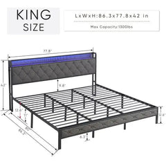 Bellemave® Upholstered Platform Bed with Heavy Metal Slats with Storage Headboard, Charging Station and LED Lights - Bellemave