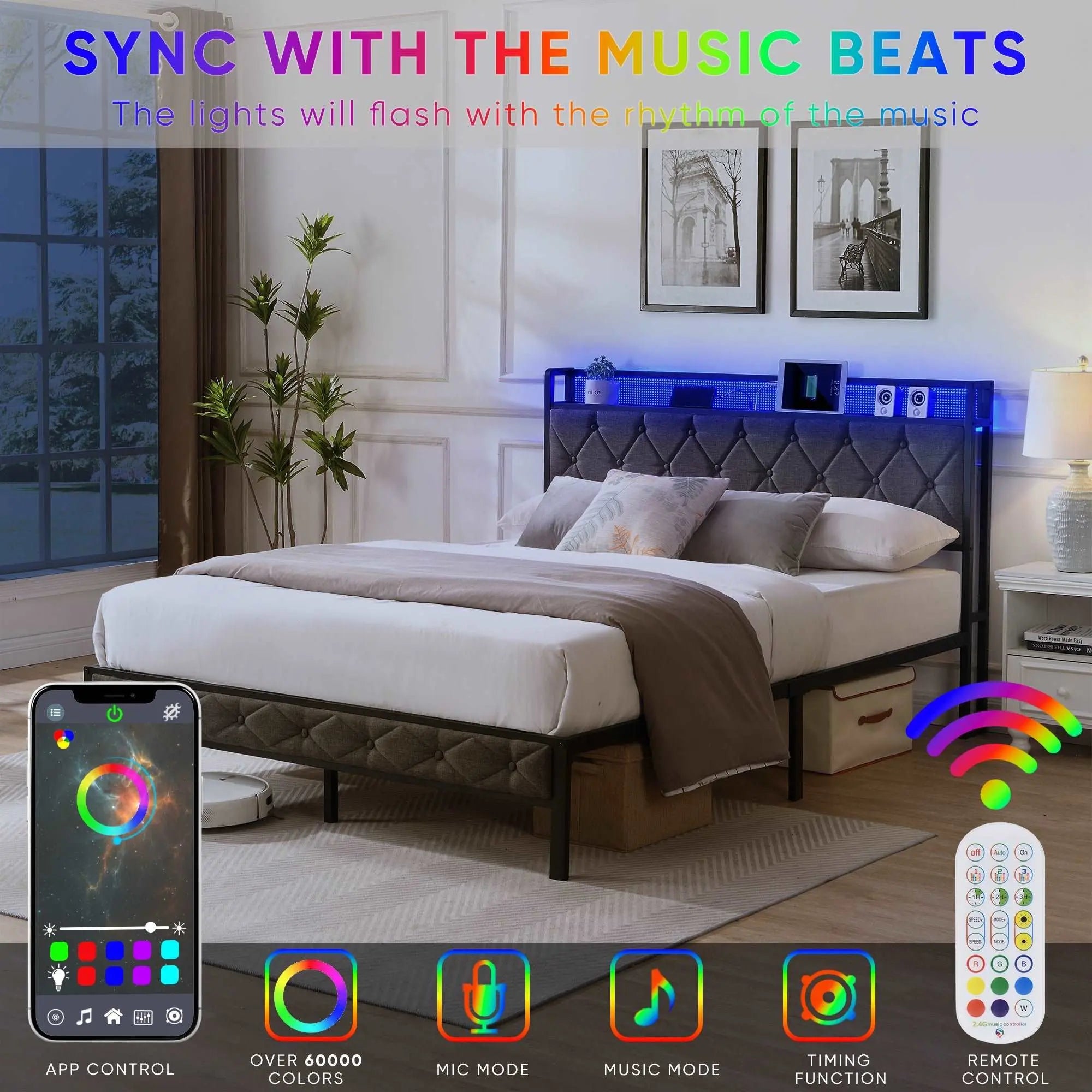Bellemave® Upholstered Platform Bed with Heavy Metal Slats with Storage Headboard, Charging Station and LED Lights - Bellemave