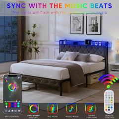Bellemave® Upholstered Platform Bed with Heavy Metal Slats with Storage Headboard, Charging Station and LED Lights - Bellemave