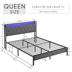Bellemave® Upholstered Platform Bed with Heavy Metal Slats with Storage Headboard, Charging Station and LED Lights - Bellemave