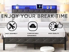 Bellemave® Upholstered Platform Bed with Heavy Metal Slats with Storage Headboard, Charging Station and LED Lights - Bellemave