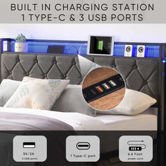 Bellemave® Upholstered Platform Bed with Heavy Metal Slats with Storage Headboard, Charging Station and LED Lights - Bellemave