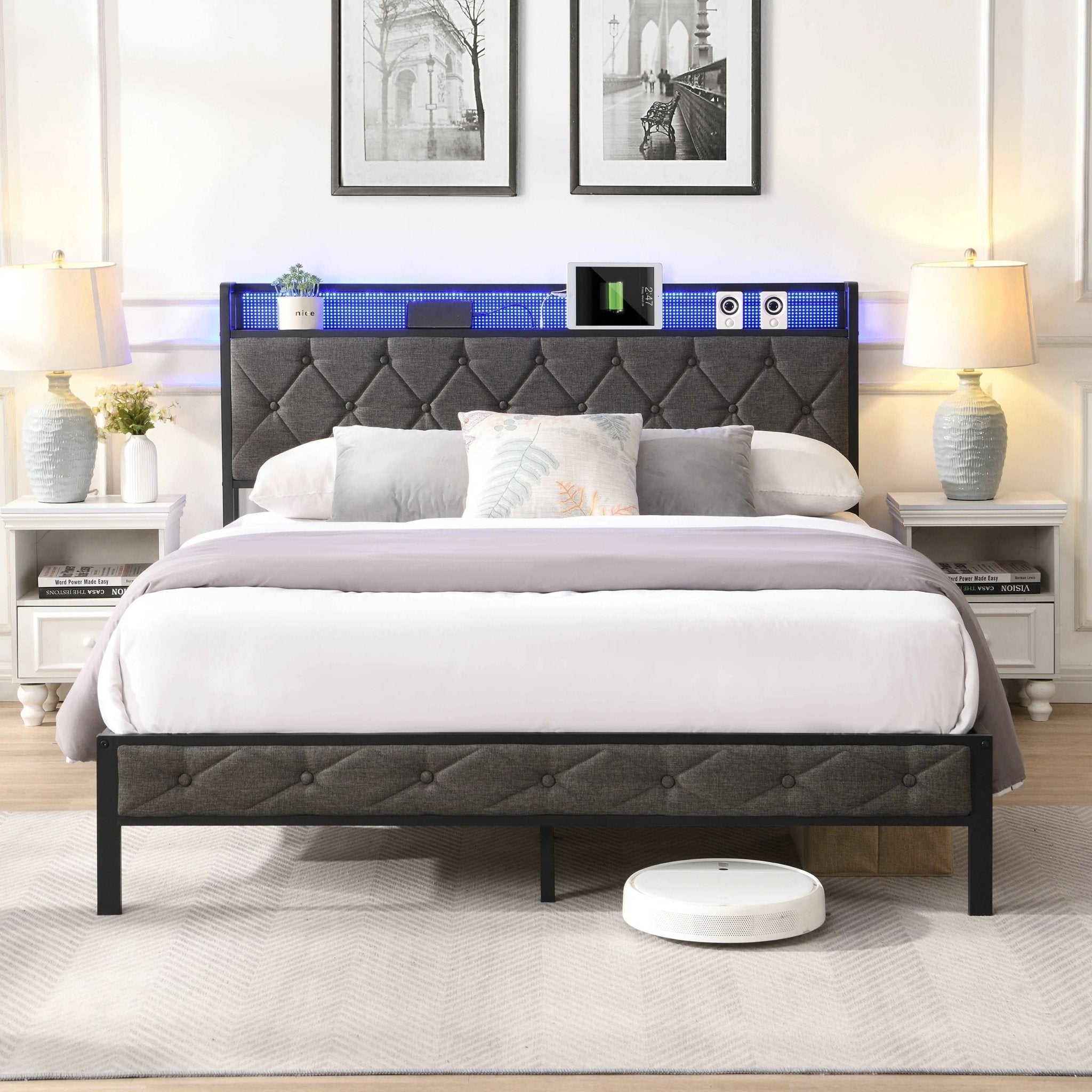 Bellemave® Upholstered Platform Bed with Heavy Metal Slats with Storage Headboard, Charging Station and LED Lights - Bellemave