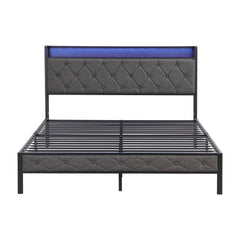 Bellemave® Upholstered Platform Bed with Heavy Metal Slats with Storage Headboard, Charging Station and LED Lights - Bellemave