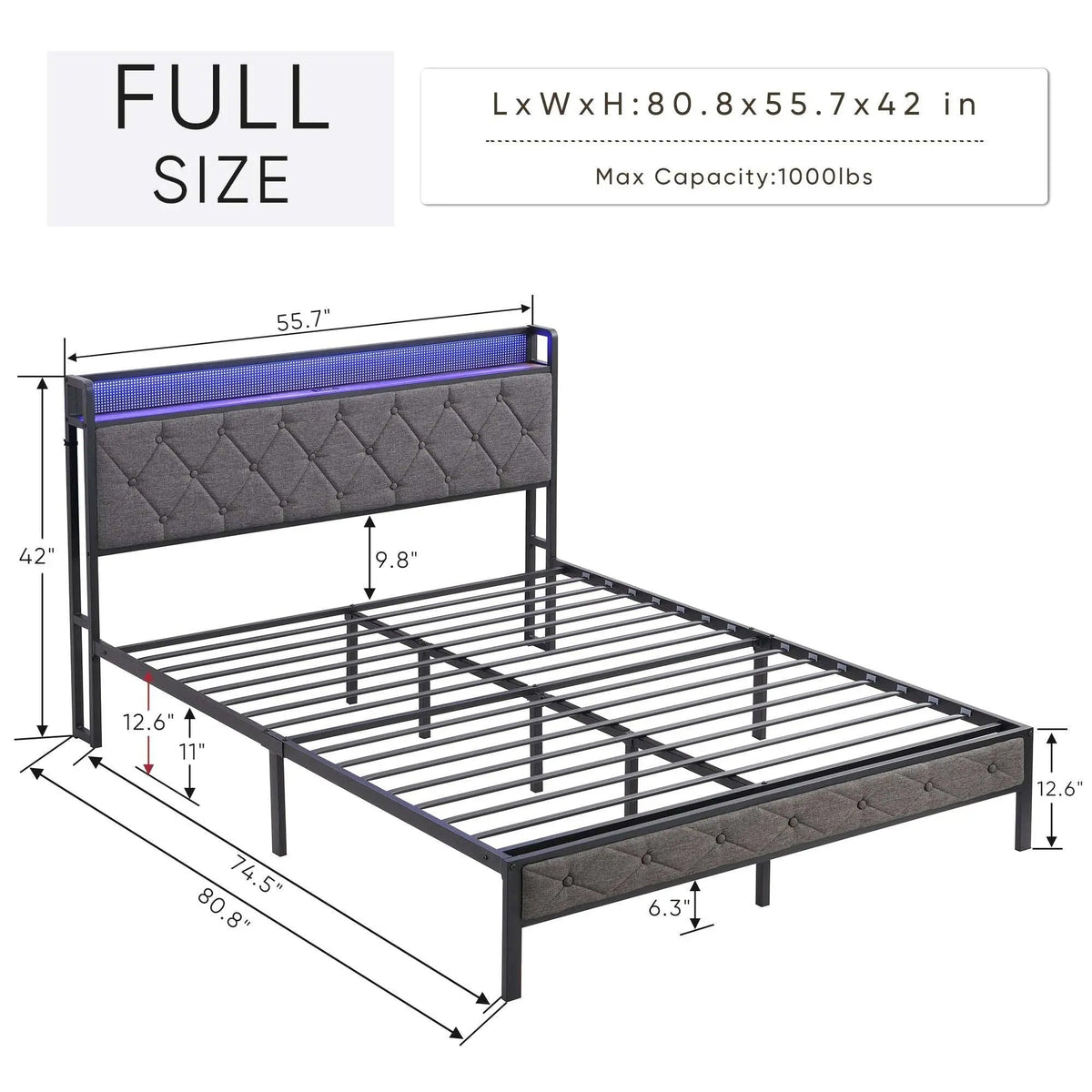 Bellemave® Upholstered Platform Bed with Heavy Metal Slats with Storage Headboard, Charging Station and LED Lights - Bellemave