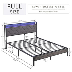 Bellemave® Upholstered Platform Bed with Heavy Metal Slats with Storage Headboard, Charging Station and LED Lights - Bellemave