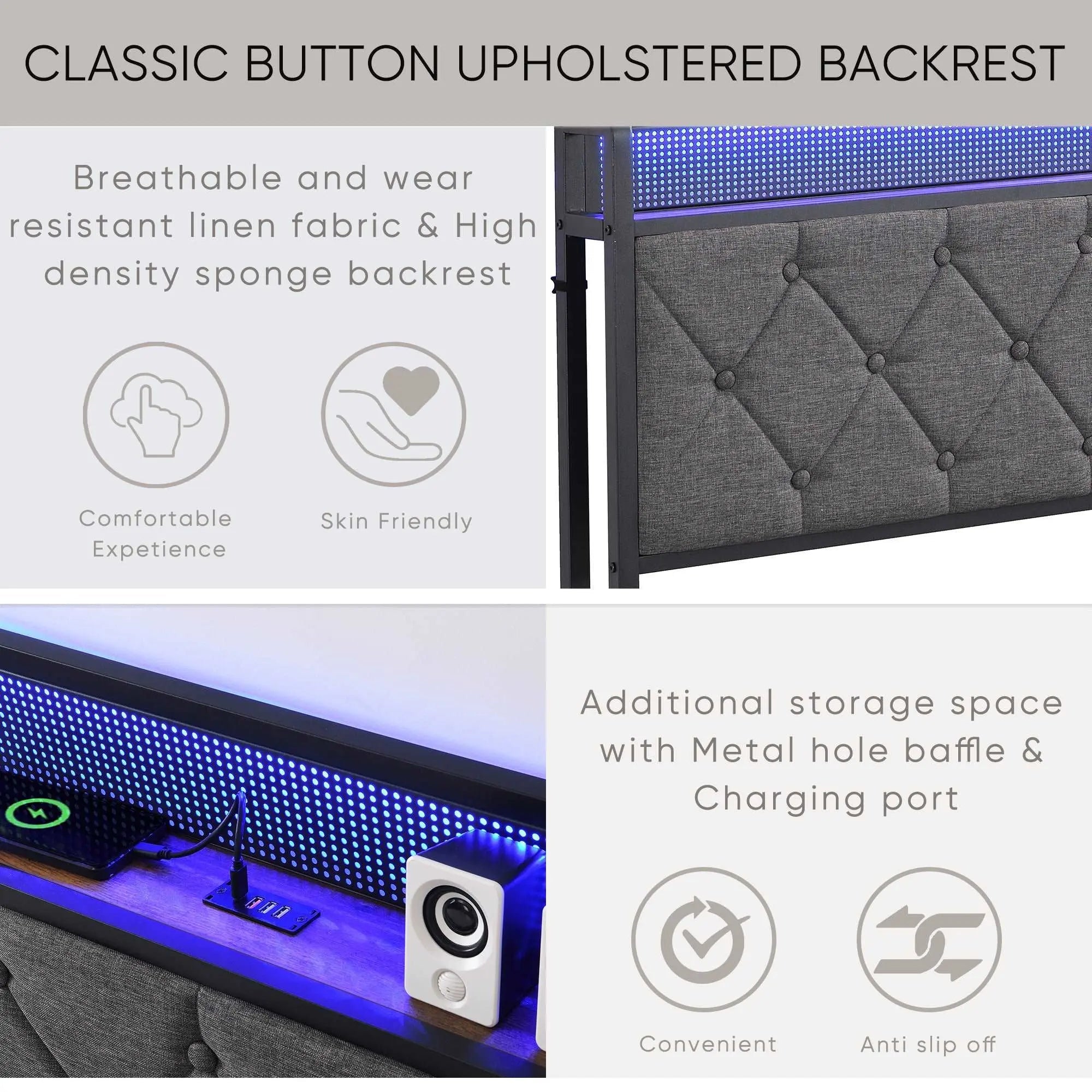 Bellemave® Upholstered Platform Bed with Heavy Metal Slats with Storage Headboard, Charging Station and LED Lights - Bellemave