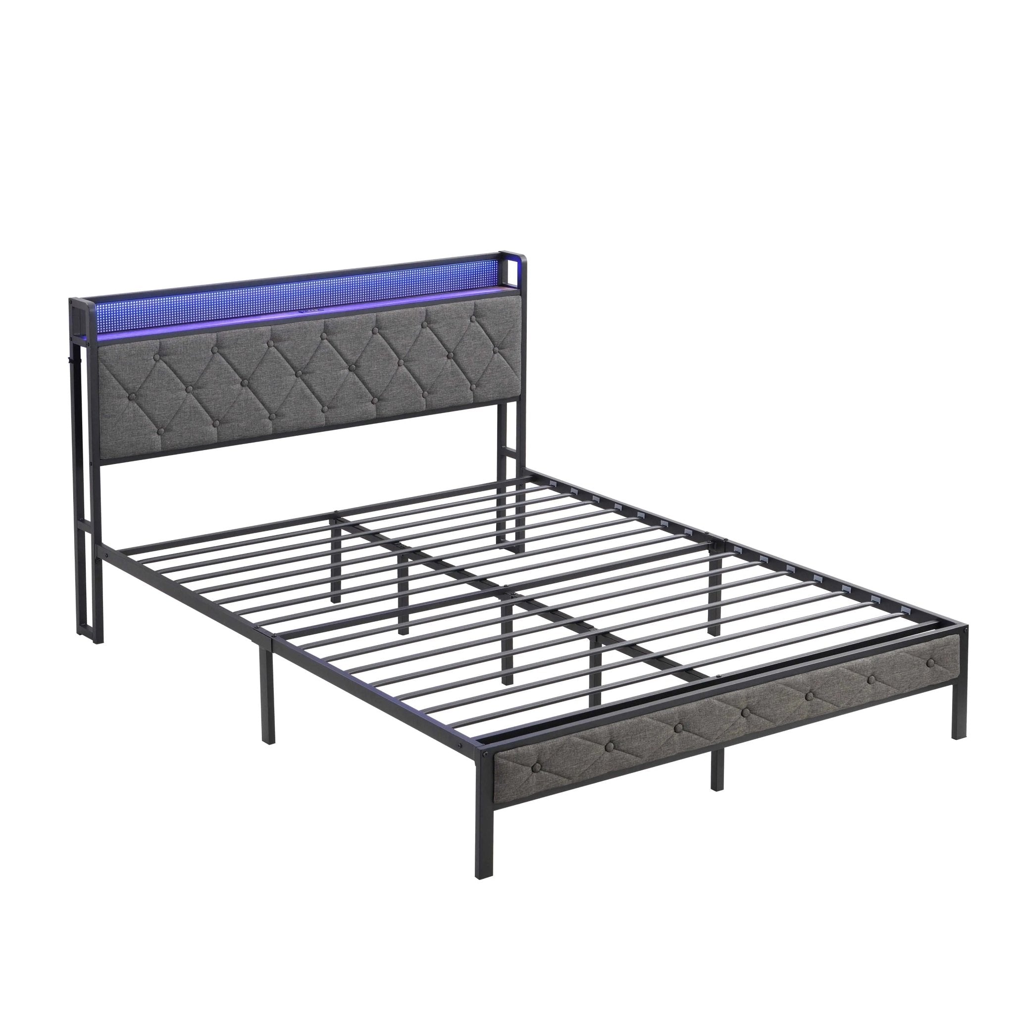 Bellemave® Upholstered Platform Bed with Heavy Metal Slats with Storage Headboard, Charging Station and LED Lights - Bellemave