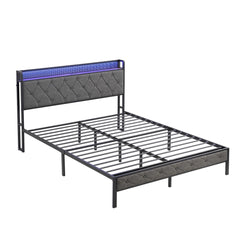Bellemave® Upholstered Platform Bed with Heavy Metal Slats with Storage Headboard, Charging Station and LED Lights - Bellemave