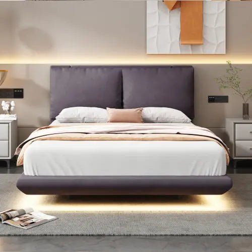 Bellemave® Upholstered Platform Bed with Sensor Light and 2 Large Backrests, 2 sets of USB Port and Socket on each rear Bed Leg - Bellemave