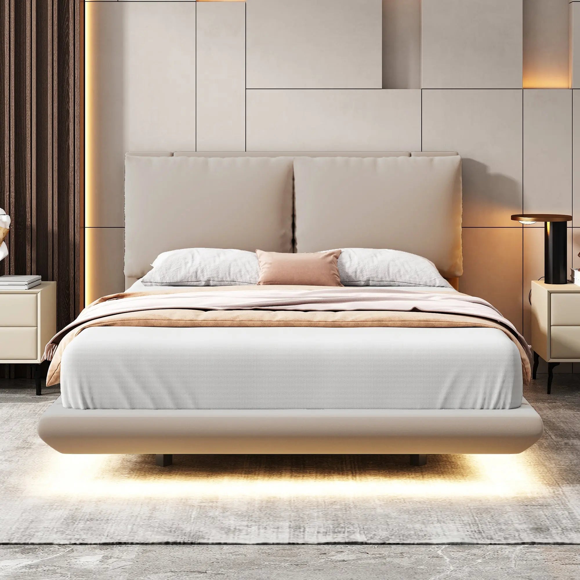 Bellemave® Upholstered Platform Bed with Sensor Light and 2 Large Backrests, 2 sets of USB Port and Socket on each rear Bed Leg - Bellemave