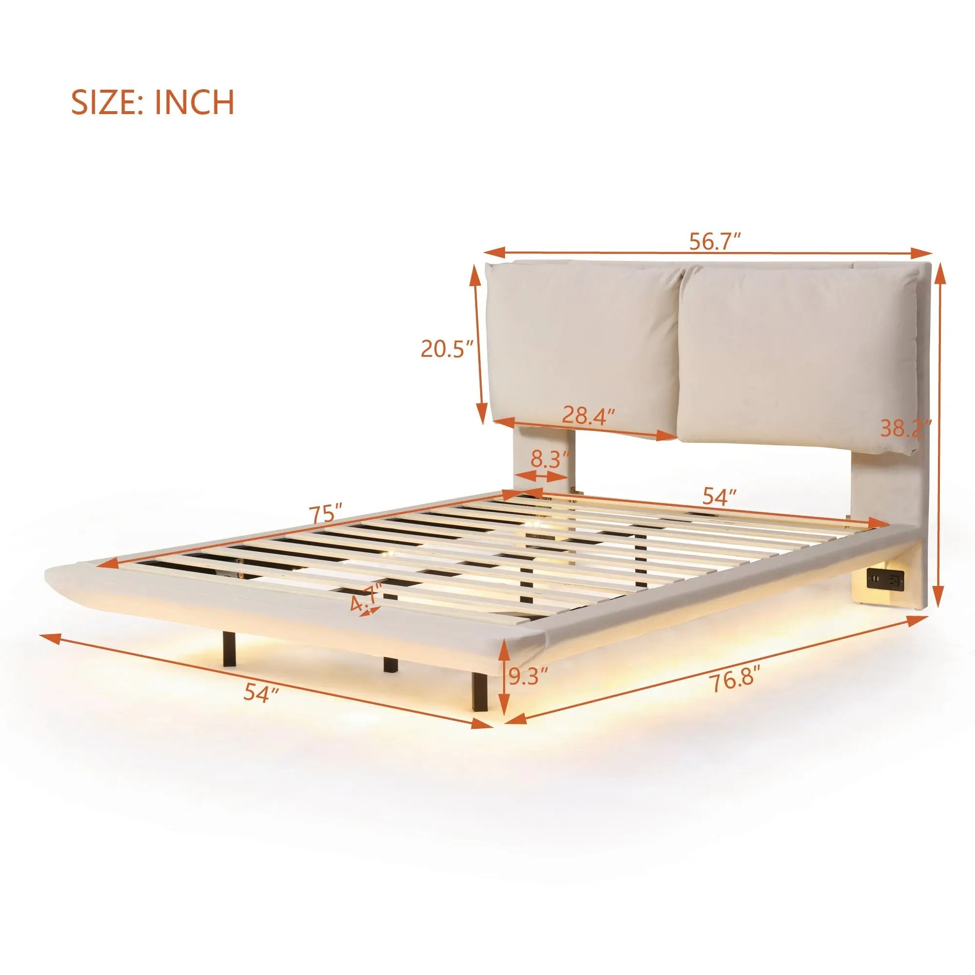 Bellemave® Upholstered Platform Bed with Sensor Light and 2 Large Backrests, 2 sets of USB Port and Socket on each rear Bed Leg - Bellemave