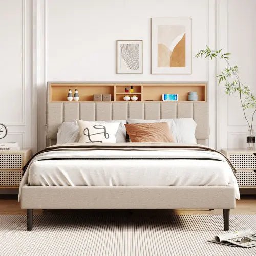 Bellemave® Upholstered Platform Bed with Storage Headboard and USB Port - Bellemave