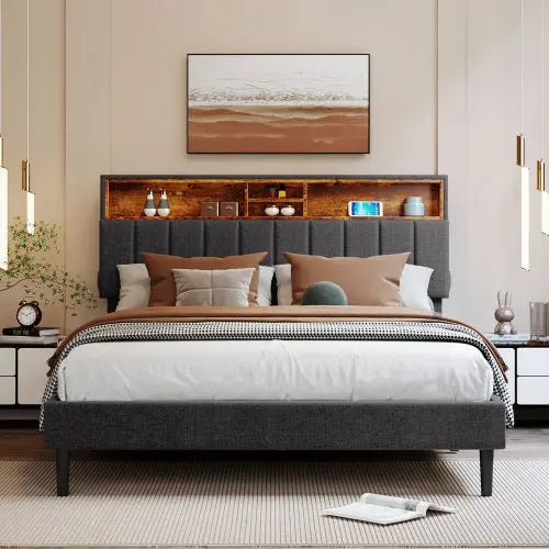 Bellemave® Upholstered Platform Bed with Storage Headboard and USB Port - Bellemave