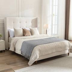 Bellemave® Upholstered Platform Bed with Traditional Hand Buttoned Tufting High Headboard,Nailhead Trim Wingback - Bellemave